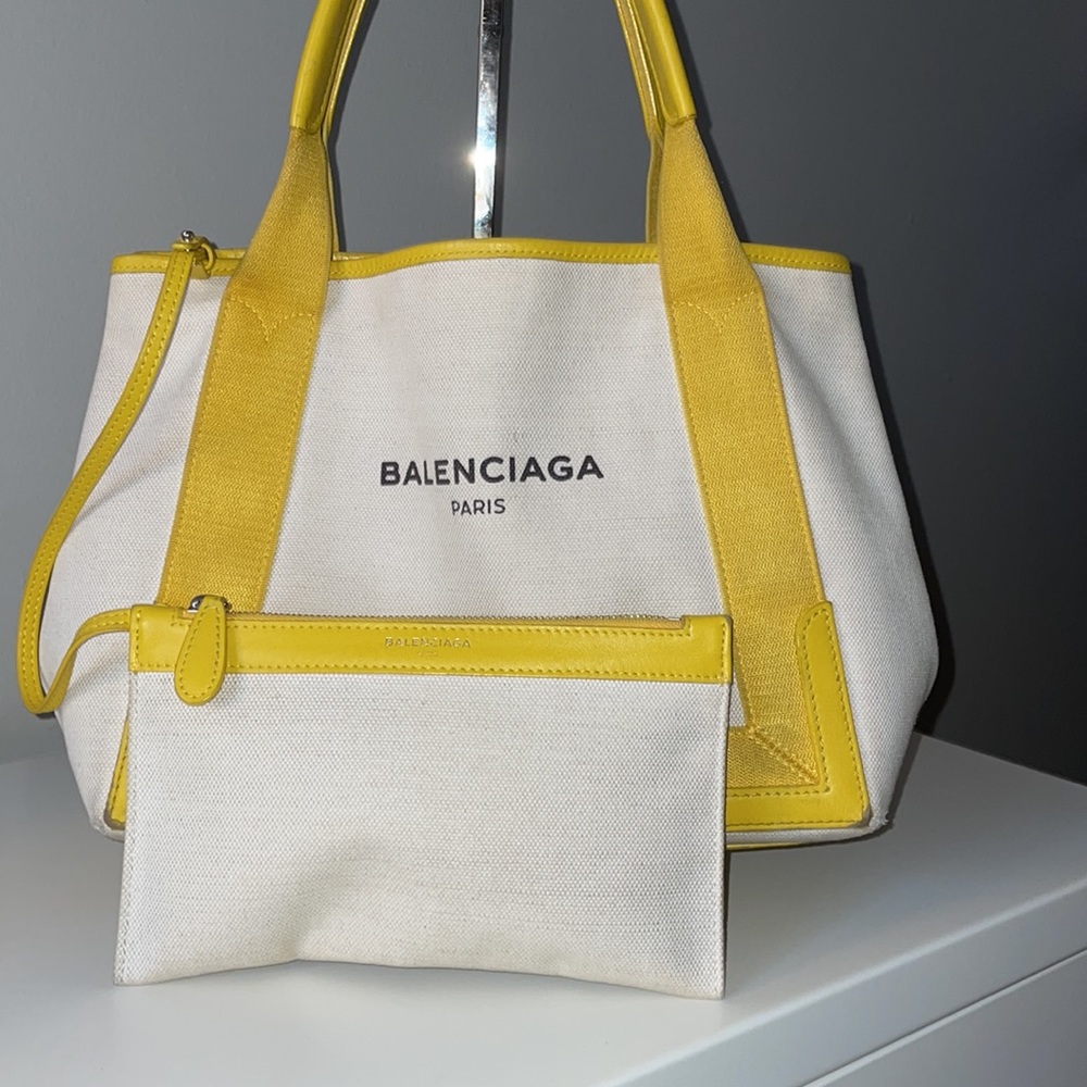 Authentic BALENCIAGA Caba S Hand Bag Canvas Leather White Yellow